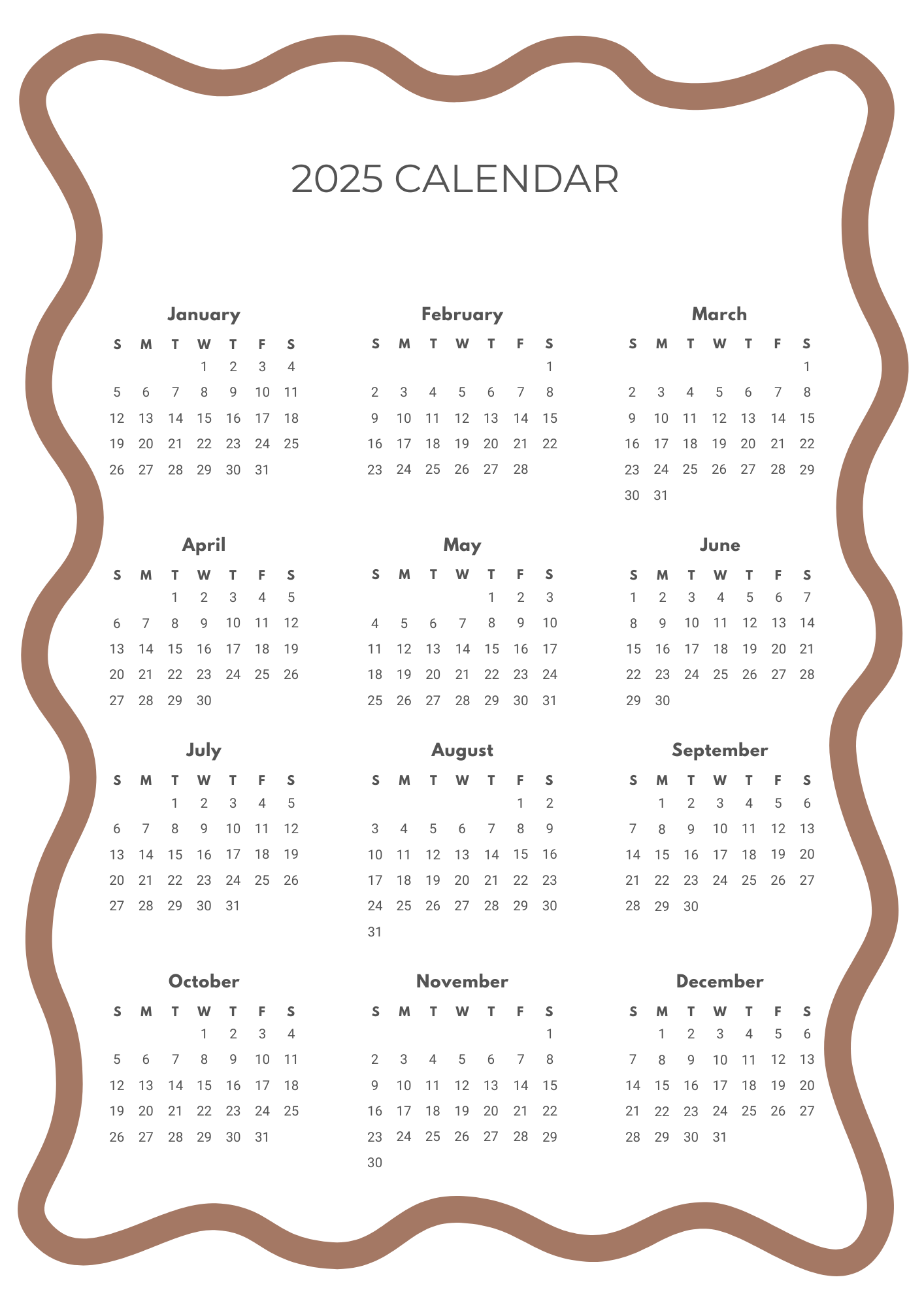 2025 Year Calendar